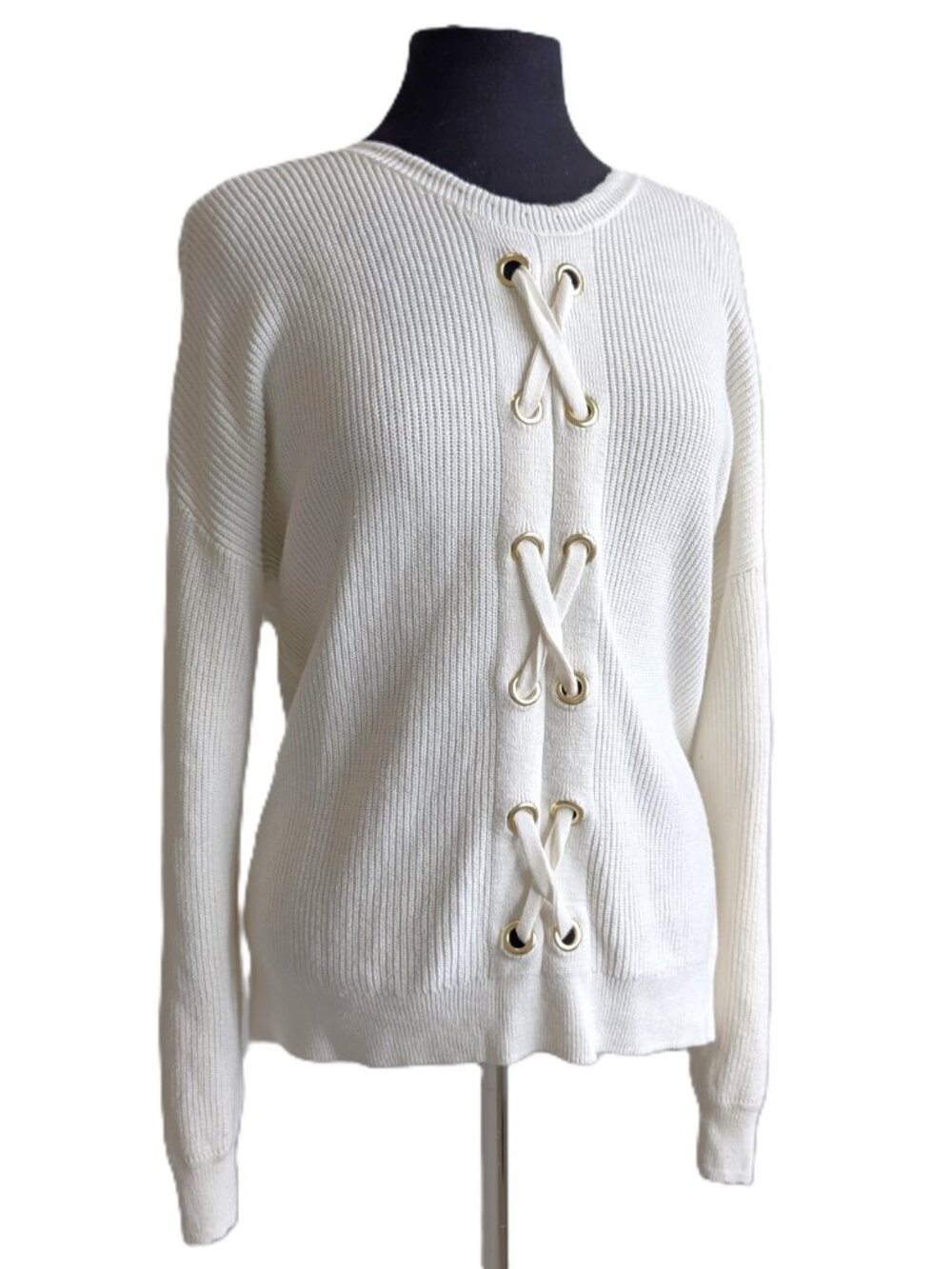 Michael Kors Ribbed Knit Lace-Up Grommet Sweater | Large